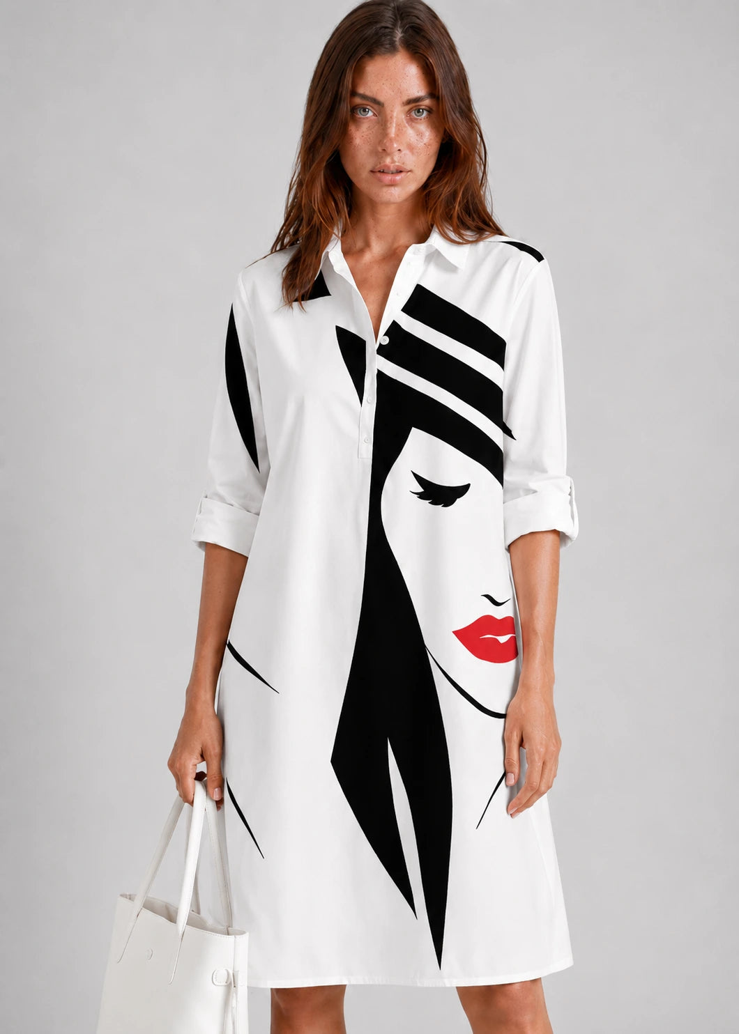 Vestido blanco artístico con cuello camisero