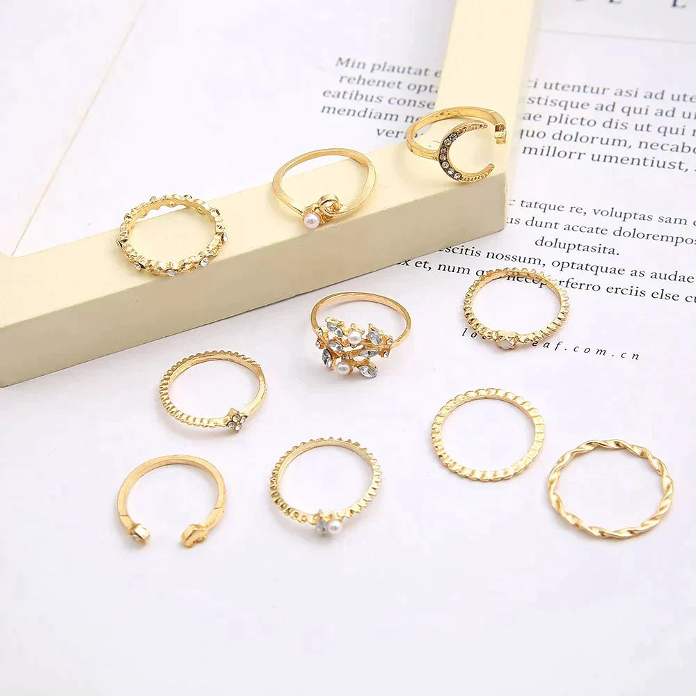 Set de 10 Anillos Bohemios Plata y Oro