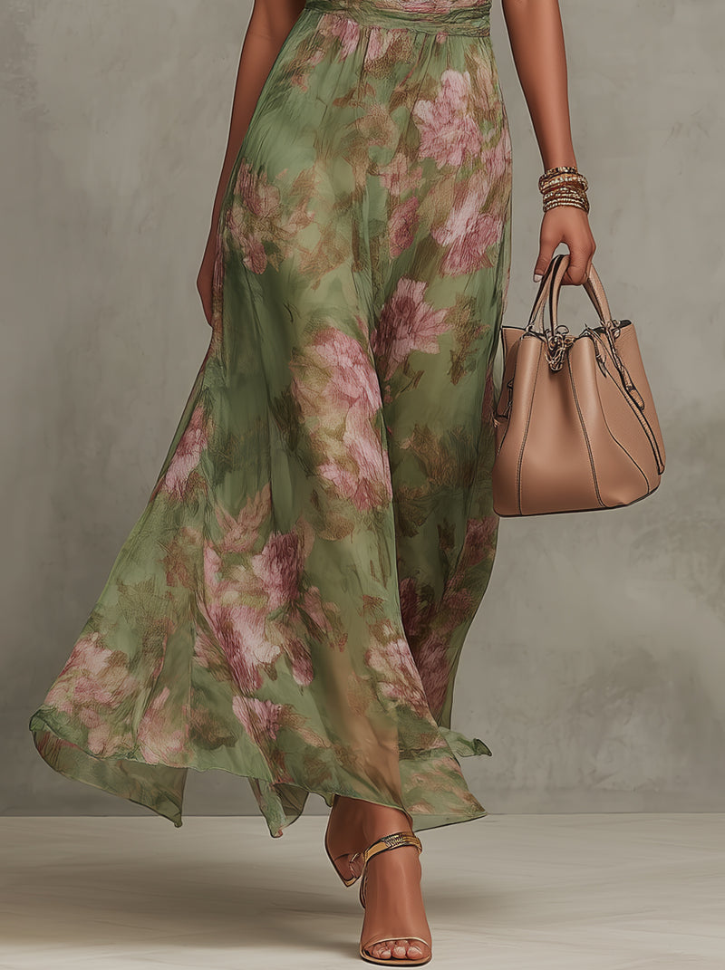 Paola | Elegante vestido largo floral fluido que favorece la silueta