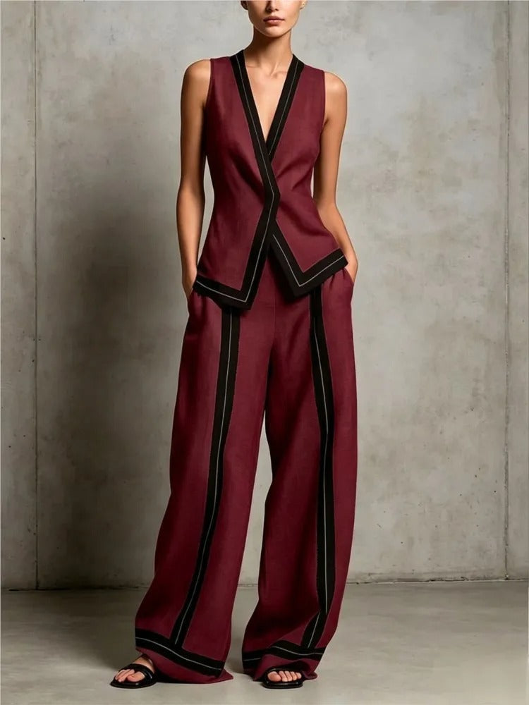 Bianca Conjunto Bicolor con Chaleco Cruzado y Pantalón Ancho