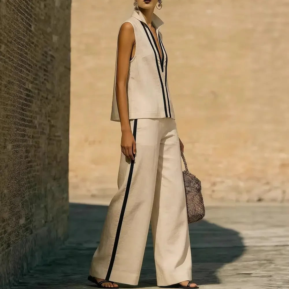 Blanca Conjunto Bicolor con Top de Cuello en V y Pantalón Ancho