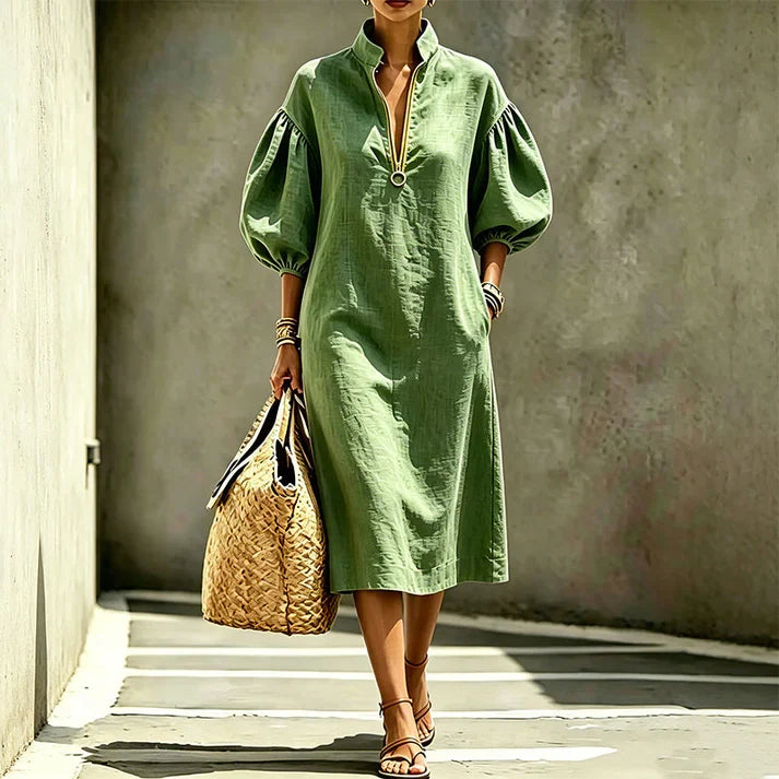 Amaia - Vestido midi con media cremallera y mangas abullonadas