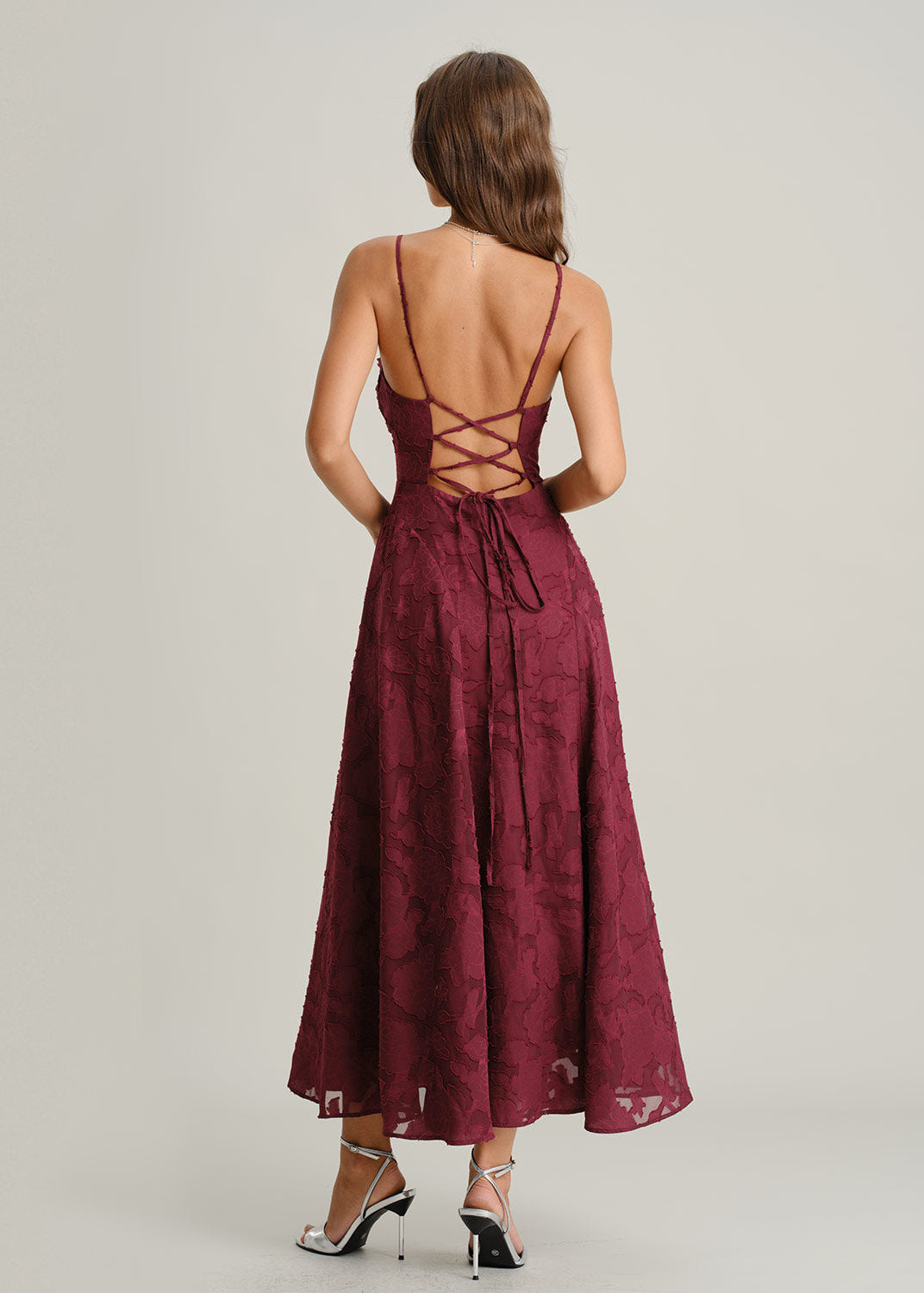 Vestido maxi lencero jacquard rojo vino