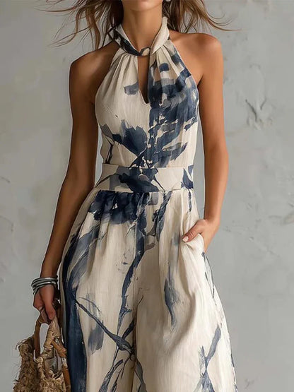 Silvia Mono con Escote Halter, Estampado Efecto Tinta, Pernera Ancha y Bolsillos
