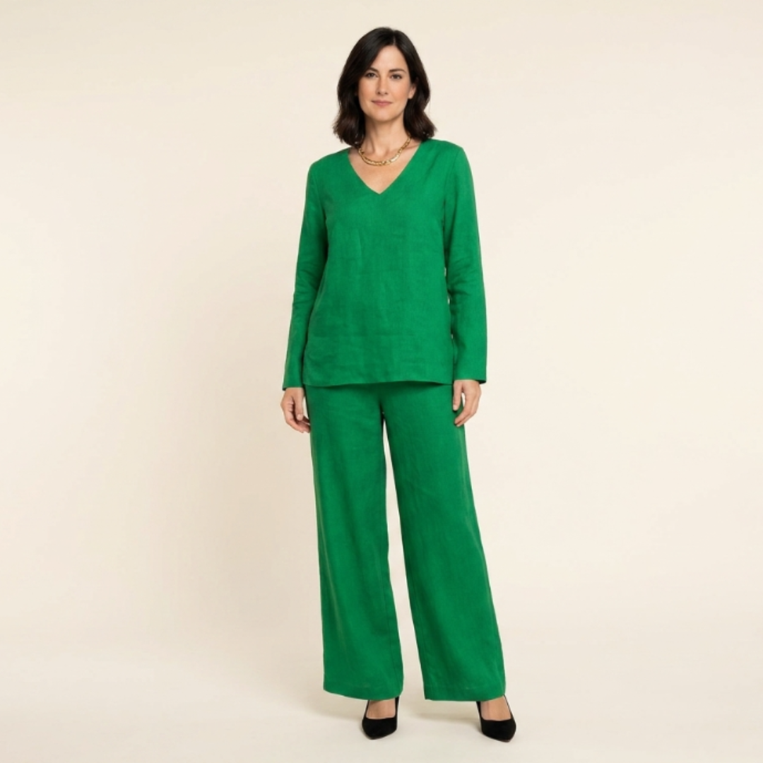 Bianca - Conjunto cómodo con cuello en V y pantalones de pierna ancha