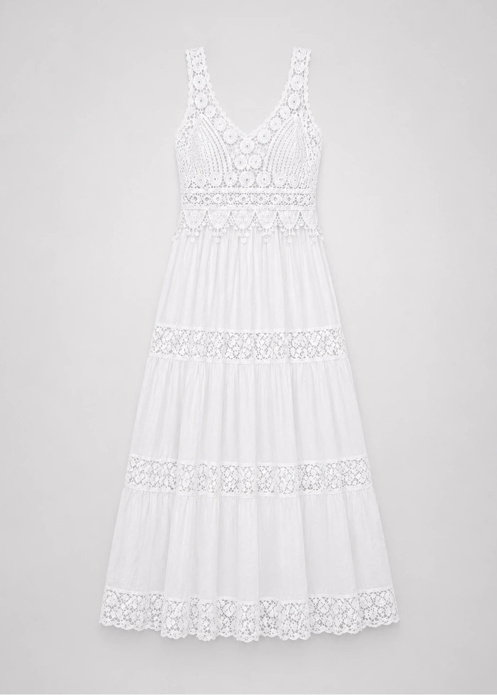 Vestido largo blanco con encaje geométrico