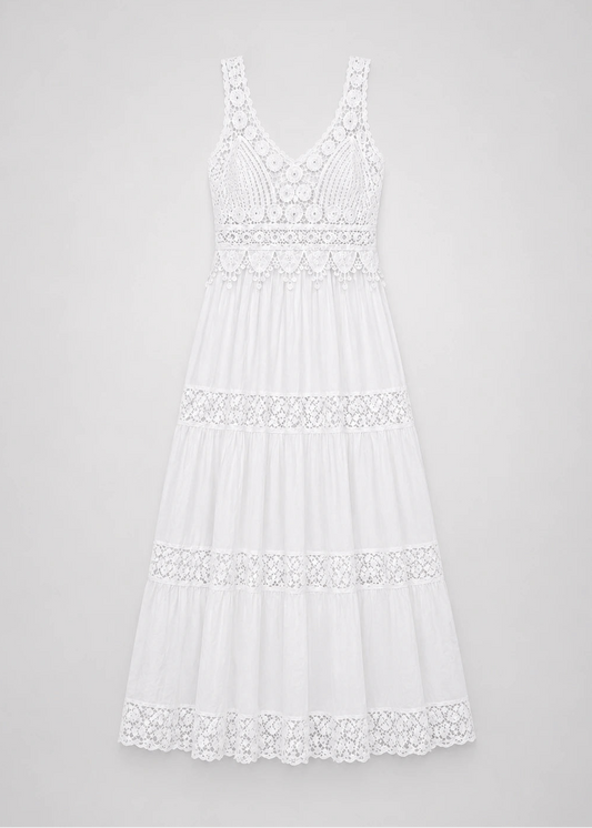 Vestido largo blanco con encaje geométrico