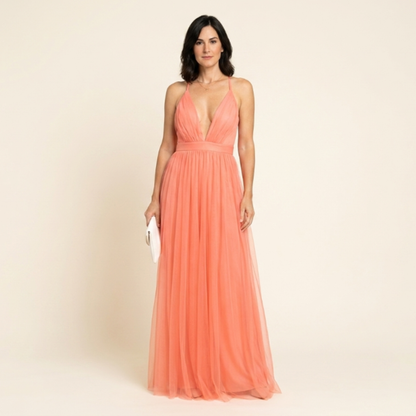 Rocío - Vestido maxi coral de escote profundo