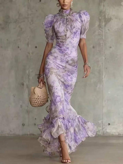 Eugenia Vestido Maxi con Estampado Floral Vintage Rosa y Mangas Abullonadas (Accesorios no incluidos)