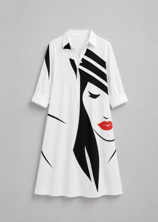 Vestido blanco artístico con cuello camisero