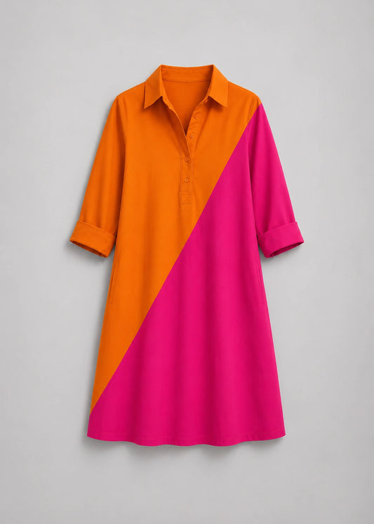 Vestido camisero bicolor con panel diagonal