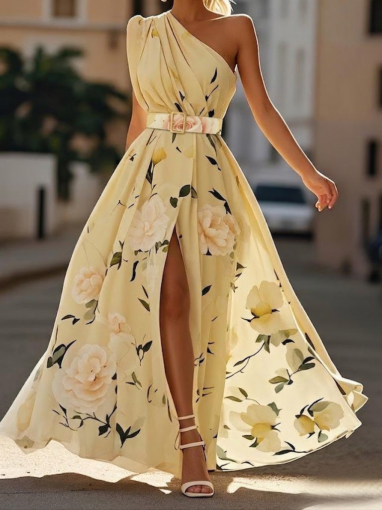 Aurora - Vestido largo floral de un solo hombro