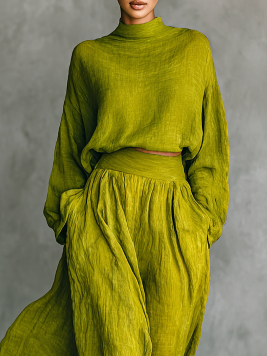 Conjunto Mujer Algodón Lino Verde Con Pantalón Ancho