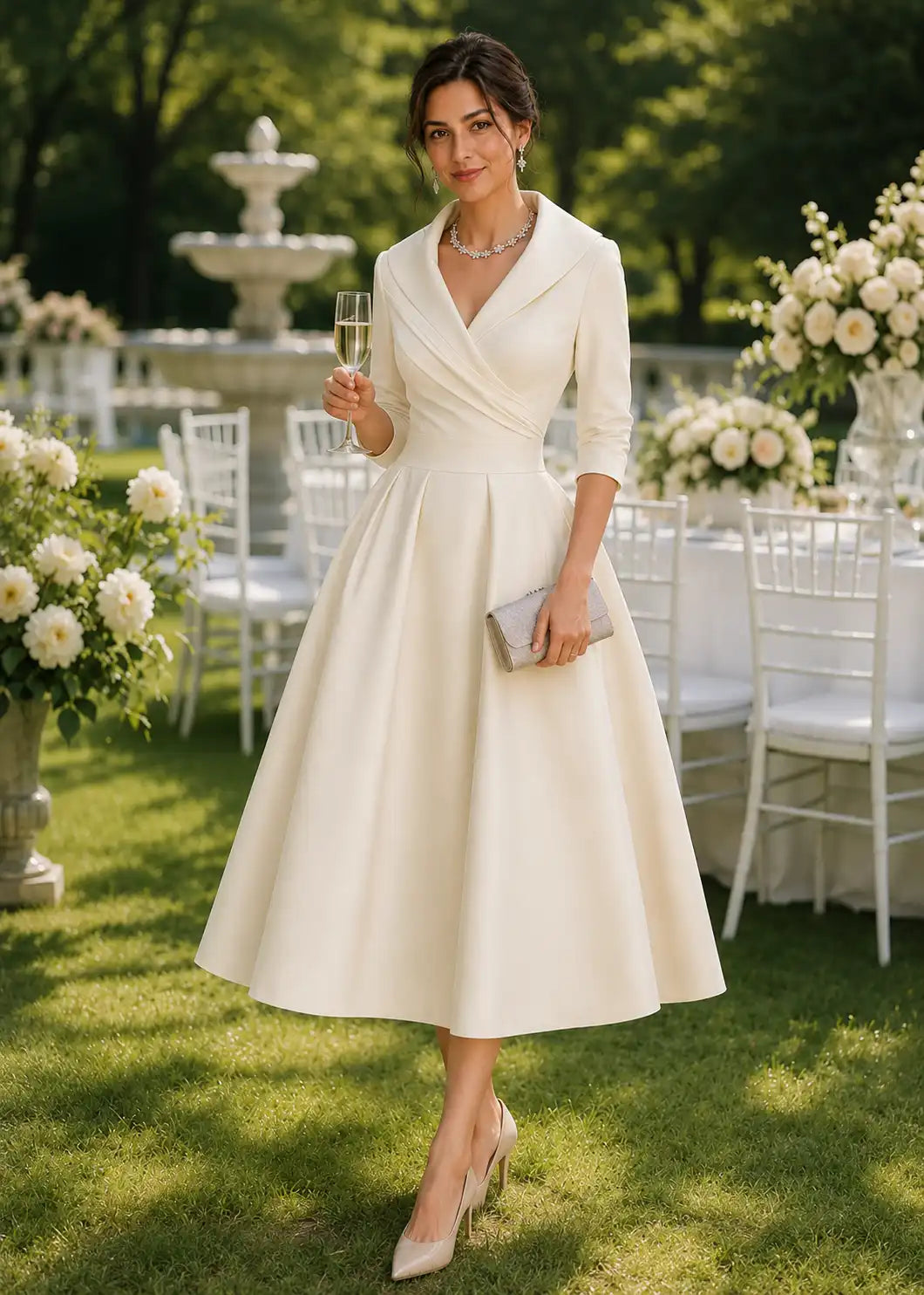 Vestido midi de satén de inspiración vintage con cuello drapeado