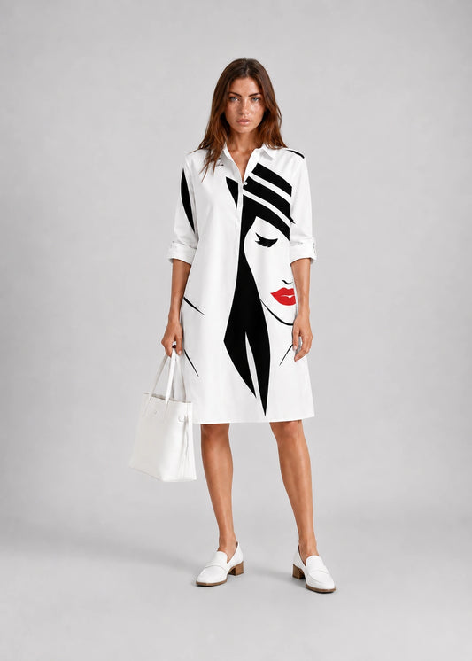 Vestido blanco artístico con cuello camisero