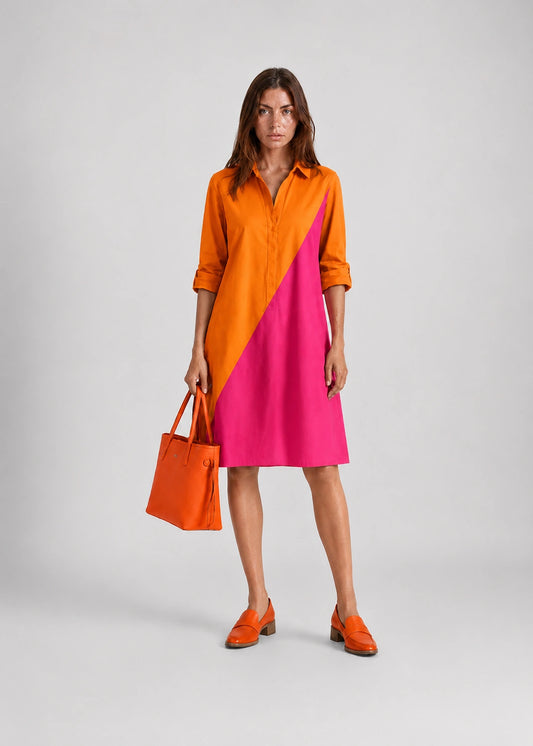 Vestido camisero bicolor con panel diagonal