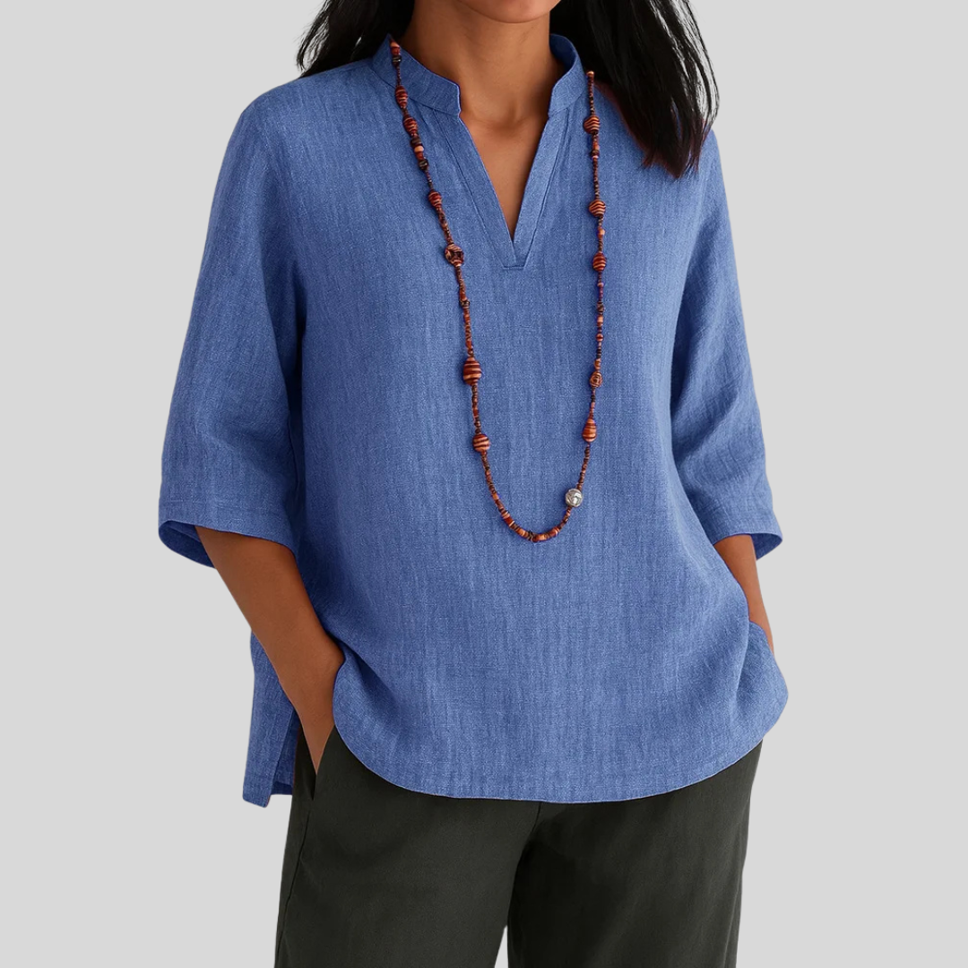 Blusa De Lino De Mujer Con Cuello En V Relajado