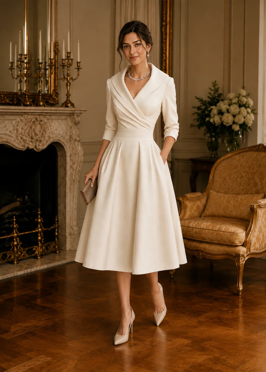 Vestido midi de satén de inspiración vintage con cuello drapeado
