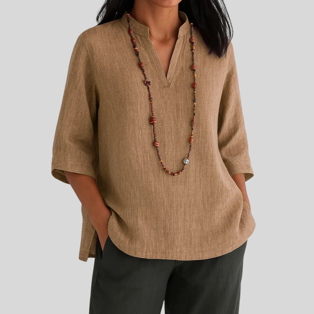 Blusa De Lino De Mujer Con Cuello En V Relajado
