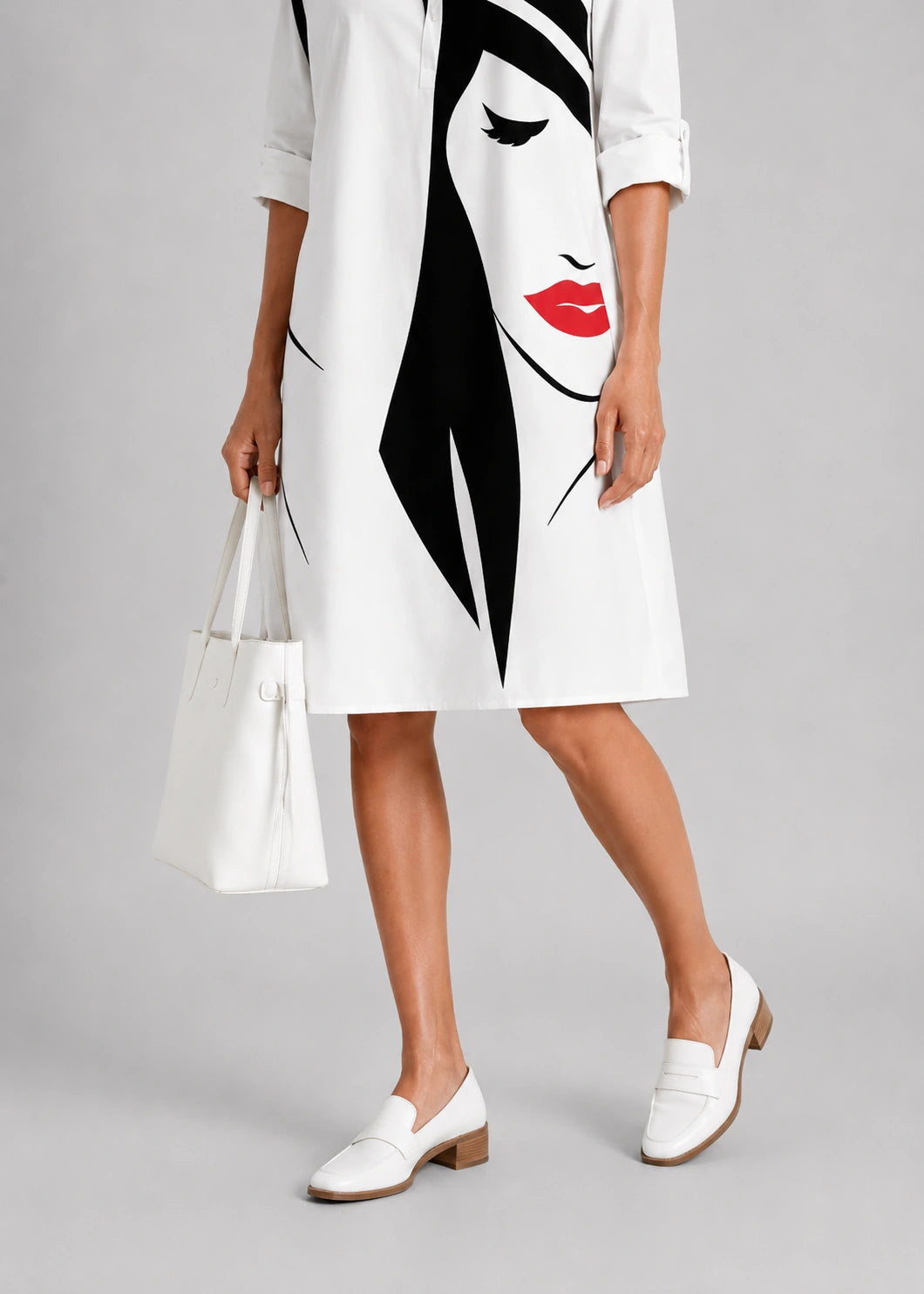 Vestido blanco artístico con cuello camisero