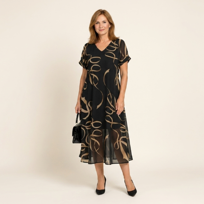 Francisca - Vestido con volante y estampado dorado