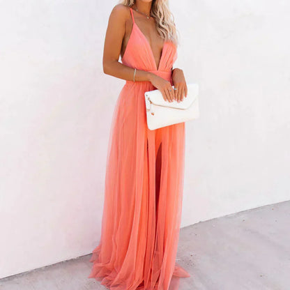 Rocío - Vestido maxi coral de escote profundo