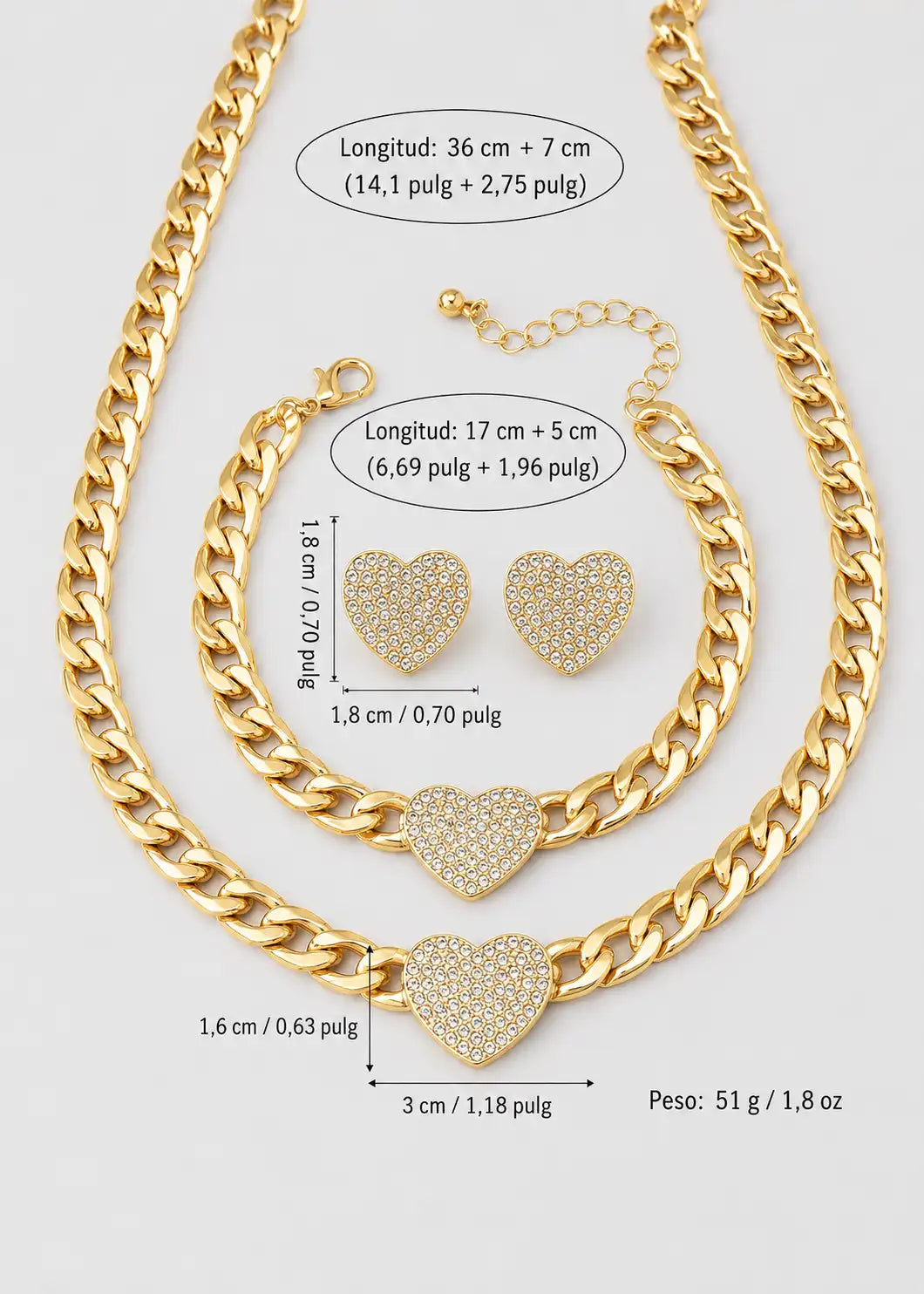 Conjunto de joyería con corazones brillantes