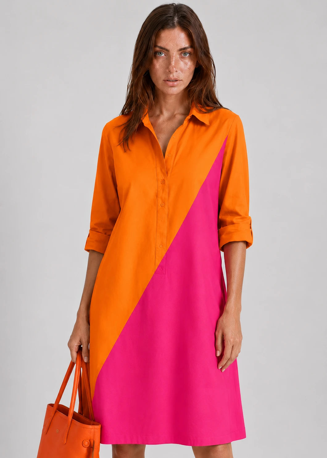Vestido camisero bicolor con panel diagonal