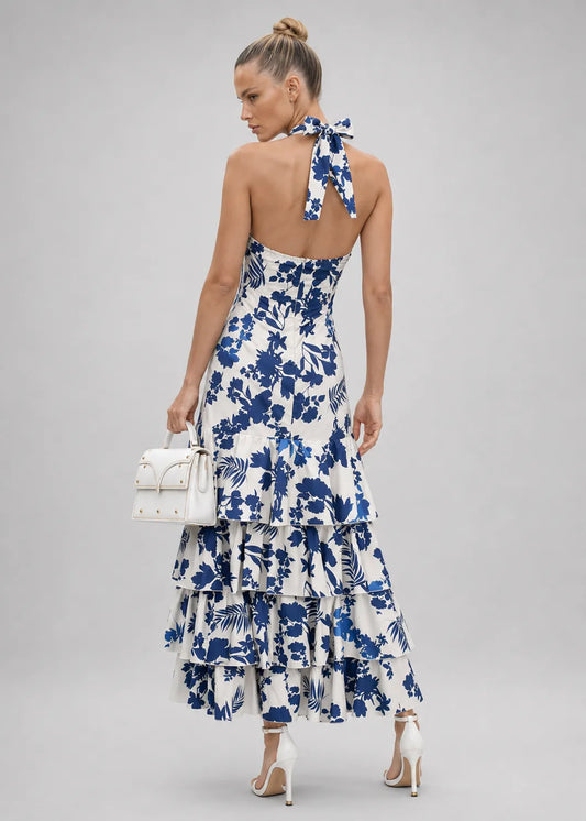 Vestido halter blanco con diseño floral azul