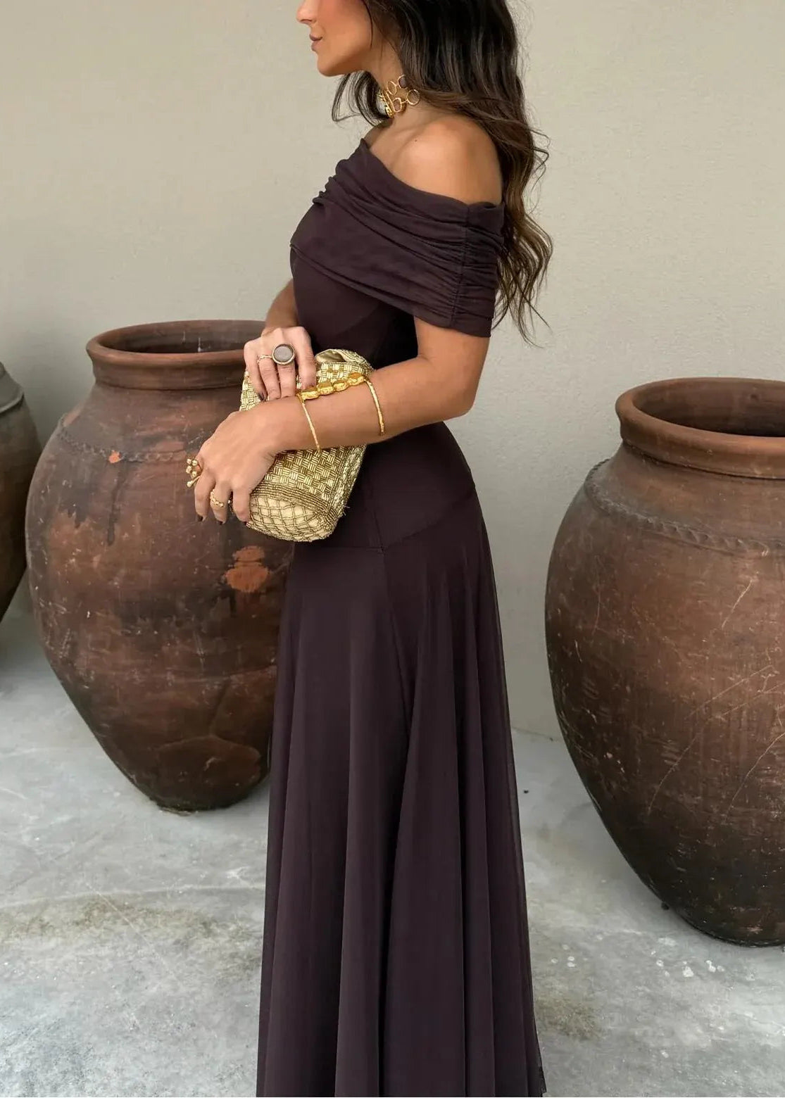 Vestido maxi de malla toledo con un solo hombro