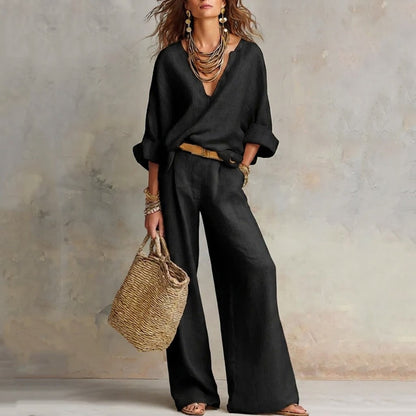 Alma - Conjunto con top de escote en V y pantalón amplio