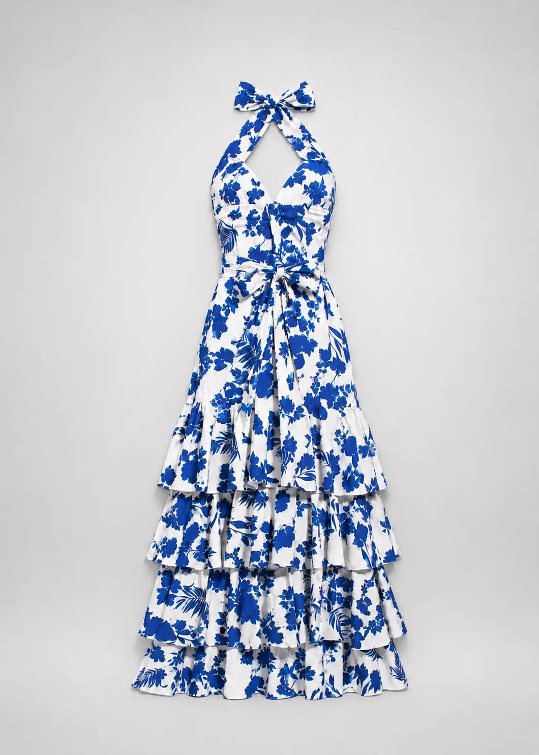 Vestido halter blanco con diseño floral azul