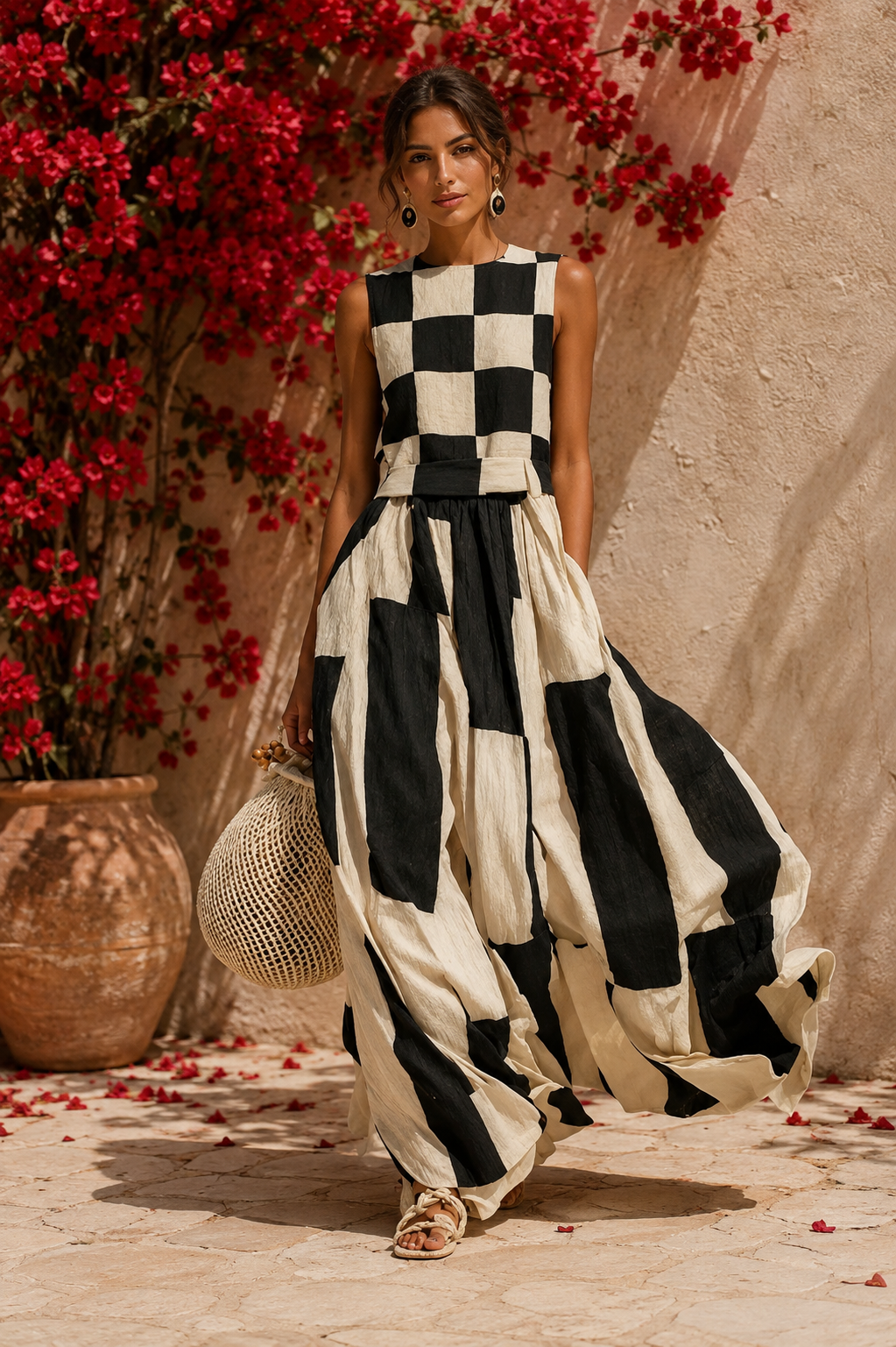 Vestido Maxi Geométrico en Blanco y Negro