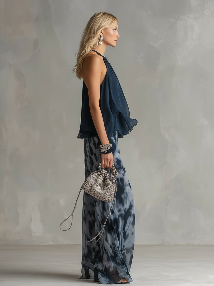 Conjunto De Chiffon Con Top De Cuello Alto Y Pantalón