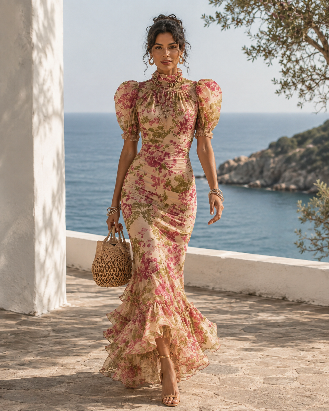 Vestido Maxi con Estampado Floral Vintage Rosa y Mangas Abullonadas