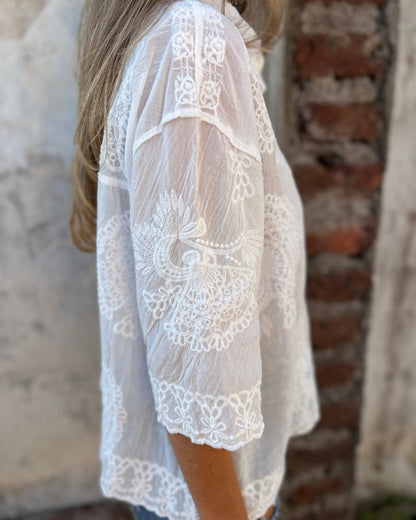 Blusa De Encaje Bordado Elegante Para Mujer