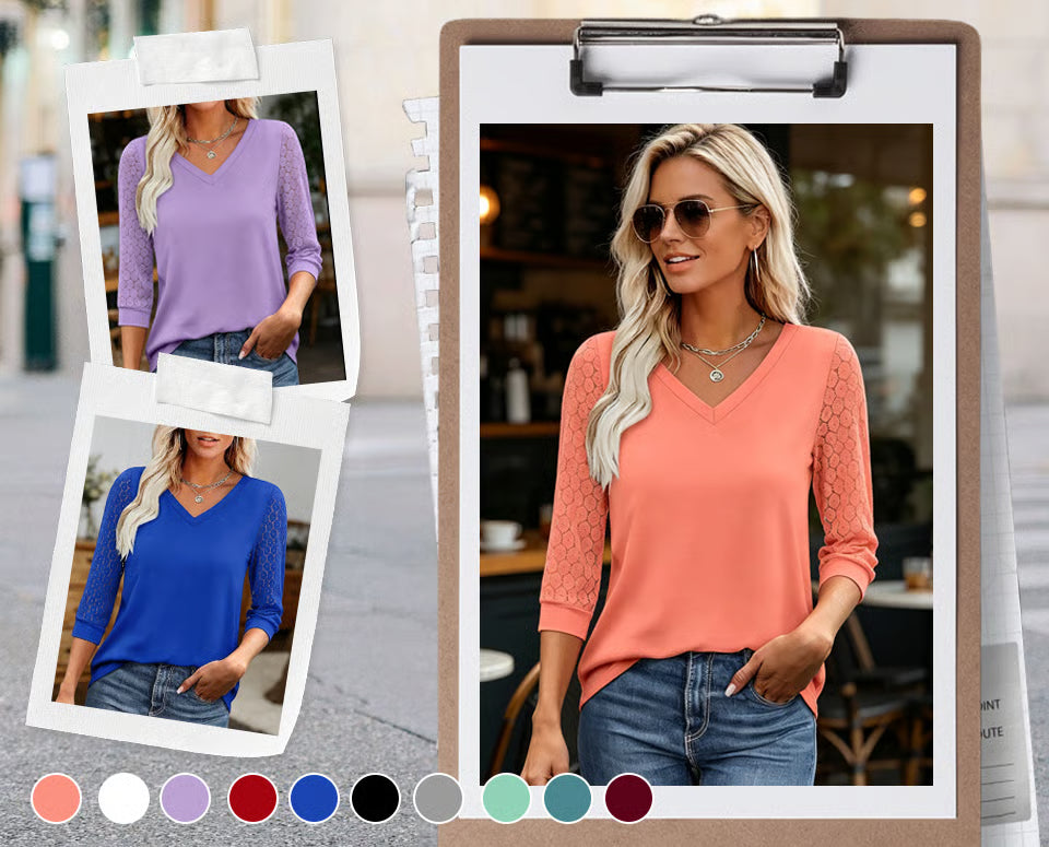 Lorena - Blusa de escote en V con mangas caladas