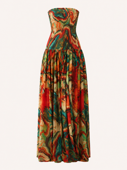Vestido largo mujer strapless estampado -Rosa