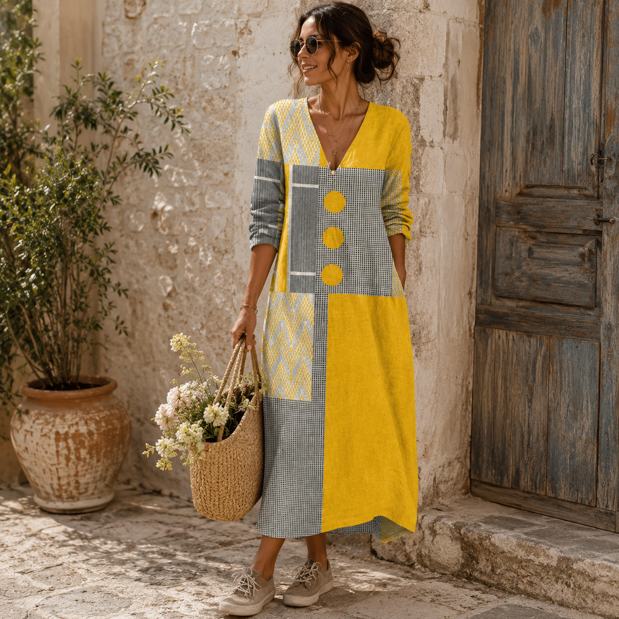 Rosalía | Vestido largo con botones y estampado colorido