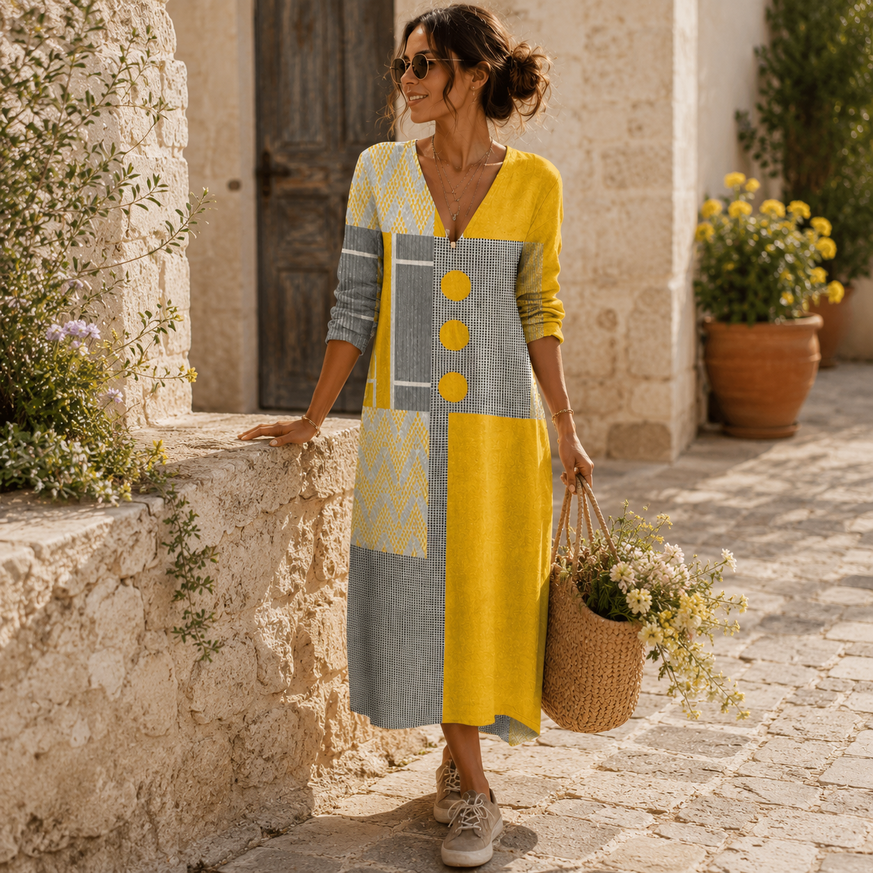 Rosalía | Vestido largo con botones y estampado colorido