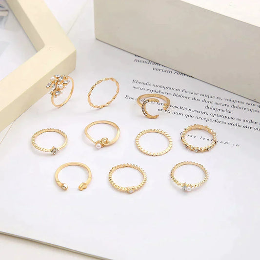 Set de 10 Anillos Bohemios Plata y Oro