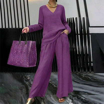 Bianca - Conjunto cómodo con cuello en V y pantalones de pierna ancha