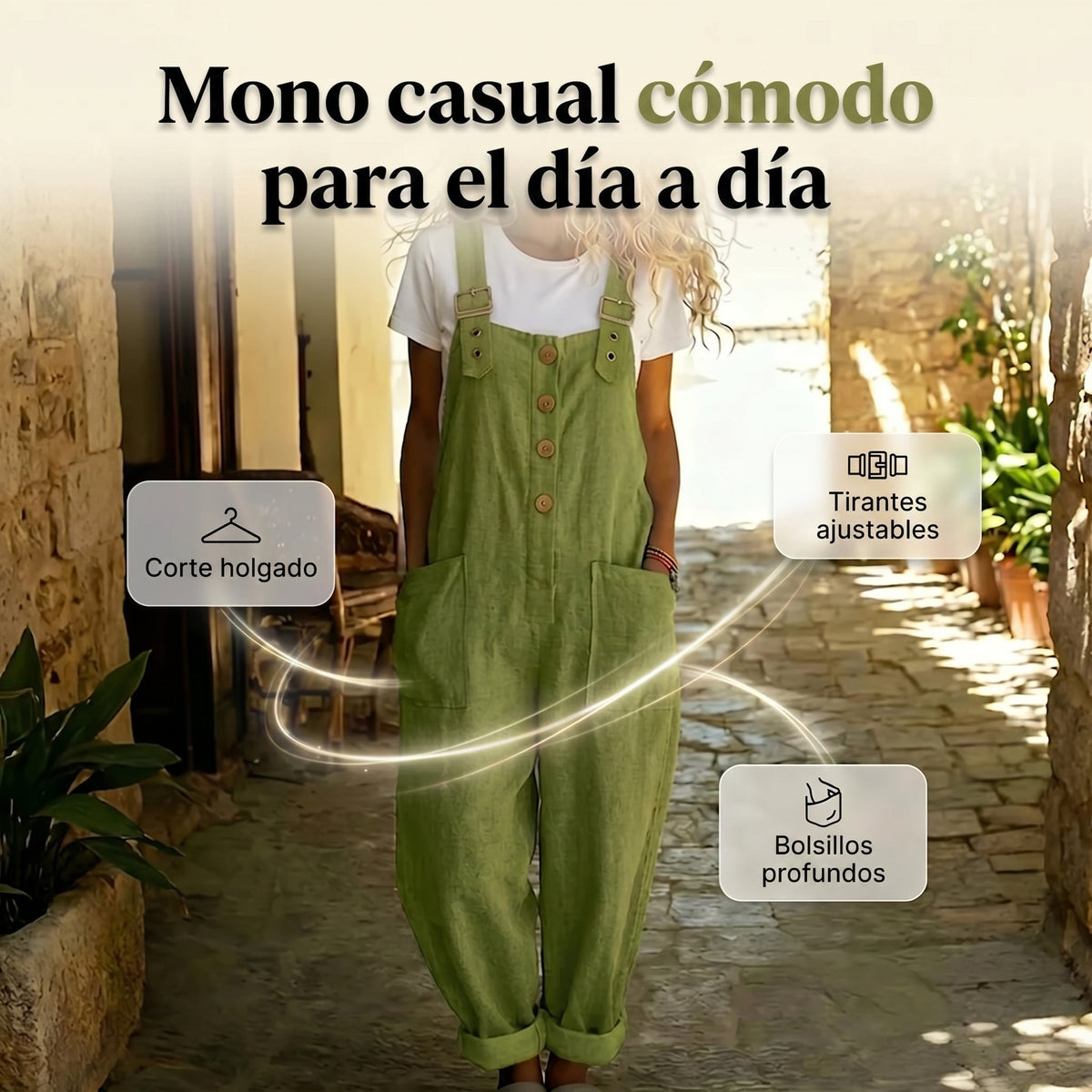 Olivia - Mono casual de tirantes con botones y ajuste holgado