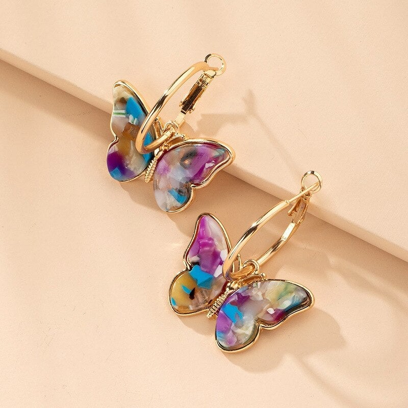 Pendientes Aro Mariposas Multicolores Doradas