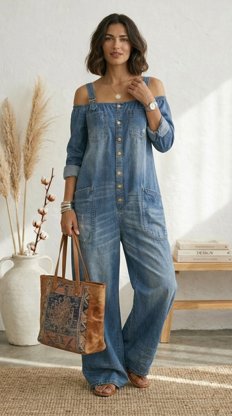 Ruth | Mono Azul Off Shoulder Pernera Ancha