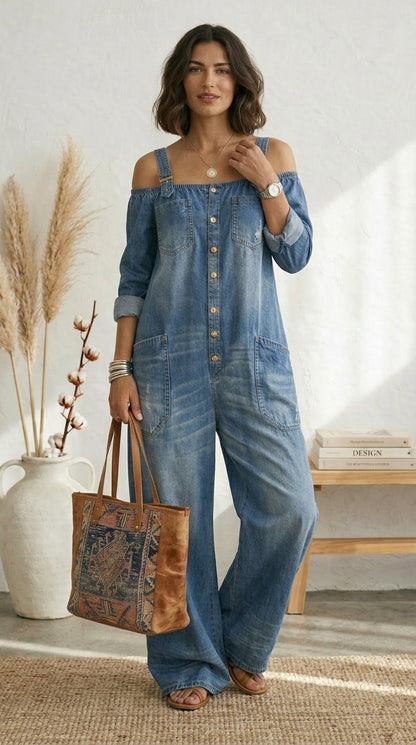 Ruth | Mono Azul Off Shoulder Pernera Ancha