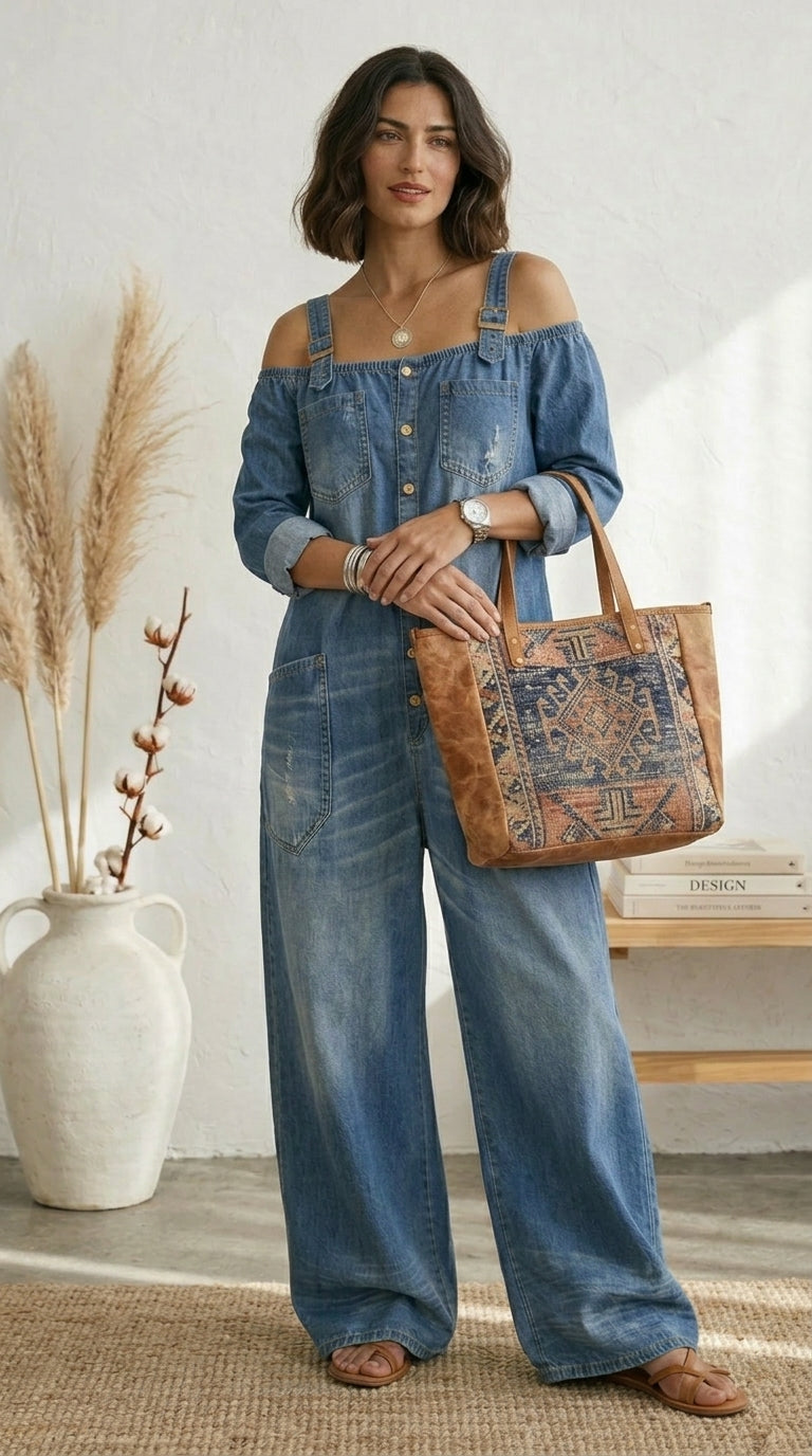 Ruth | Mono Azul Off Shoulder Pernera Ancha