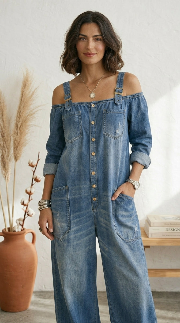 Ruth | Mono Azul Off Shoulder Pernera Ancha