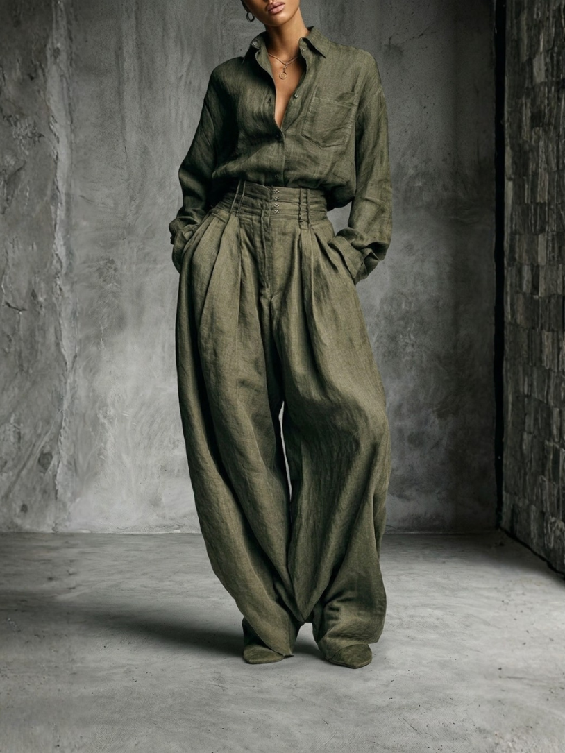 Conjunto Mujer Algodón Lino Camisa y Pantalón Ancho