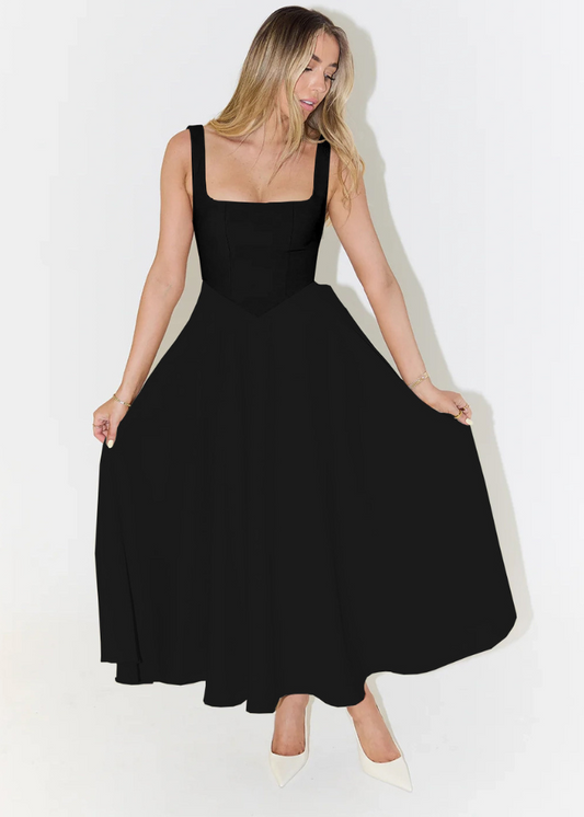 Vestido largo con escote cuadrado y caída fluida